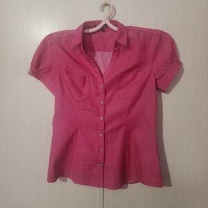 Pink Fitted Short Sleeve Button Down Shirt